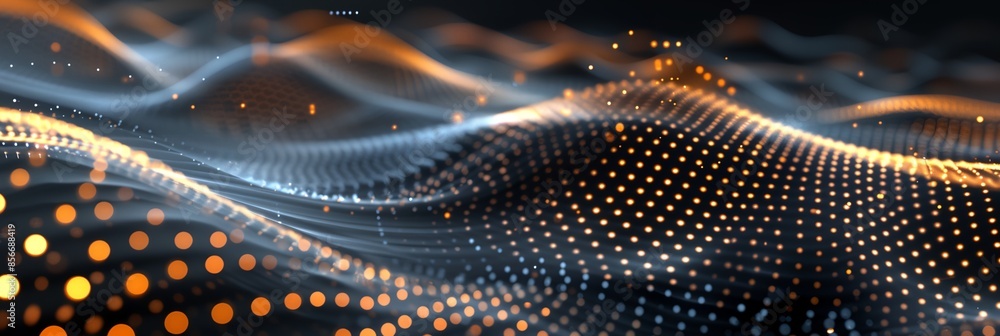 Poster computer generated image of a wave of light and dots on a dark background with a blurry effect