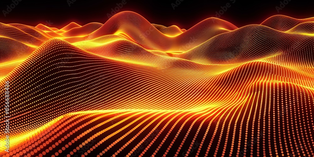 Poster computer generated image of a wave of orange and yellow lines on it's surface
