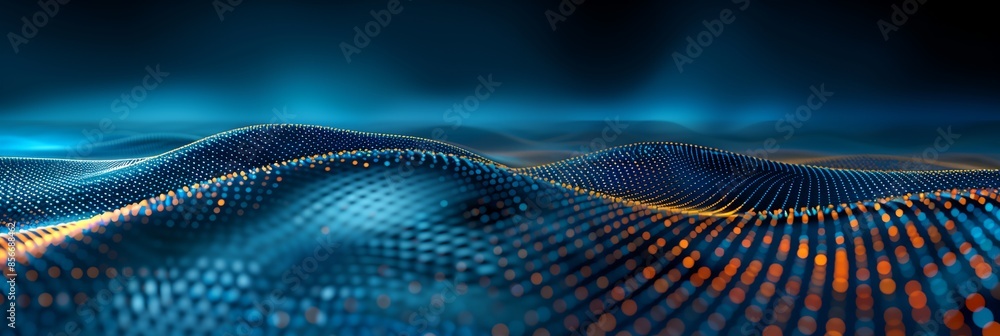 Poster blue and orange abstract background with a wave of dots on it's surface