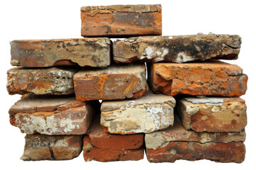 Stack of weathered old bricks in various shades of red and brown, suitable for construction or architectural background use.
