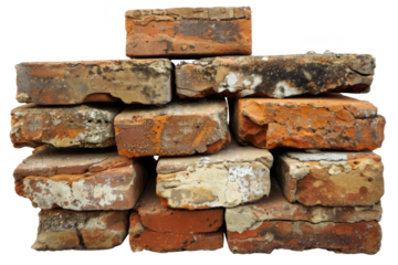 Stack of weathered old bricks in various shades of red and brown, suitable for construction or architectural background use.