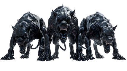 Three menacing, black, monstrous creatures with sharp teeth and glowing eyes, standing in an intimidating, aggressive posture.