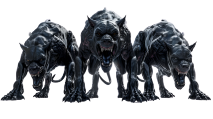 Three menacing, black, monstrous creatures with sharp teeth and glowing eyes, standing in an intimidating, aggressive posture.