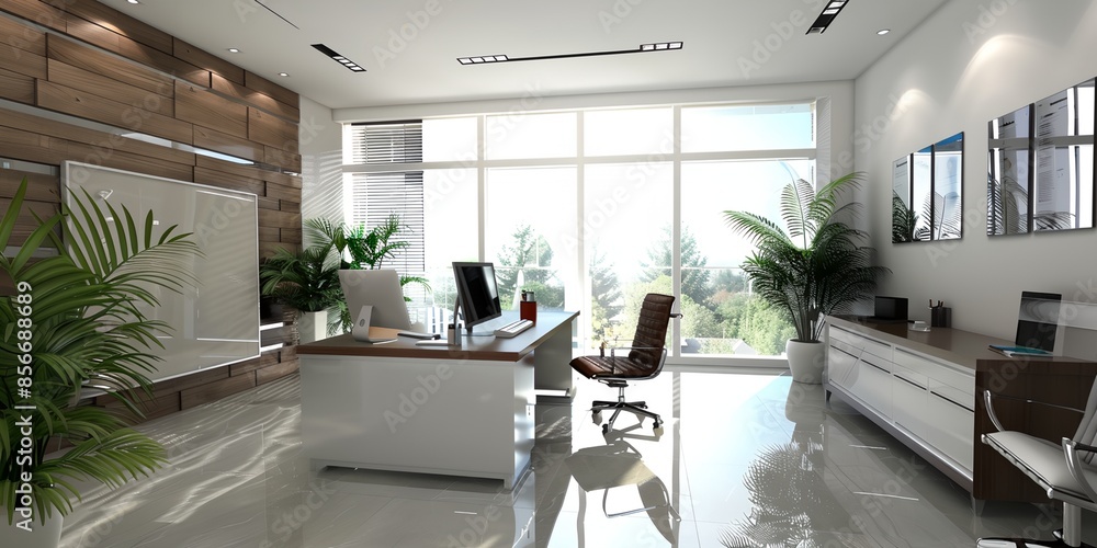 Poster modern office with a large window and a desk with a computer