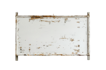 Vintage metal sign with rust and chipped paint on a white background, perfect for use in advertising or as a decorative element.