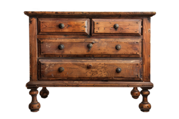 Vintage wooden chest of drawers with four compartments and rustic finish, ideal for antique decor and storage solutions.