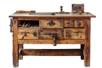 Vintage wooden workbench with drawers and tools includes drawers, vice, and tools for carpentry. Ideal for craftsman workshop setting.