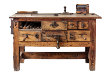 Vintage wooden workbench with drawers and tools includes drawers, vice, and tools for carpentry. Ideal for craftsman workshop setting.