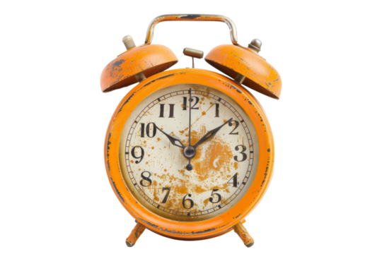 Vintage orange alarm clock with rust and wear, showing an antique look. Perfect for themes of time, retro style, or nostalgia.