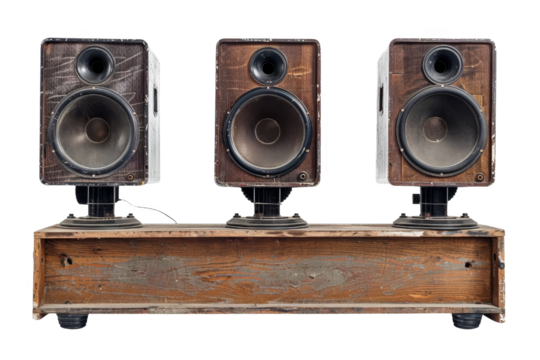 Vintage wooden speakers on a rustic wooden shelf, perfect for a retro audio setup or vintage-inspired home decor.