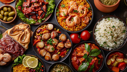 Assorted Spanish food and rice dishes shot from overhead composition. Perfect for showcasing traditional cuisine and dining culture.