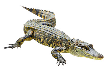 Naklejka premium A detailed image of a crocodile with a visibly textured skin. The reptile is lying on the ground with its legs extended.