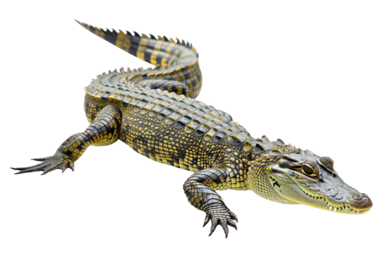 A detailed image of a crocodile with a visibly textured skin. The reptile is lying on the ground with its legs extended.