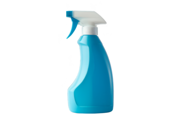 Blue plastic spray bottle with white nozzle isolated on white background, ideal for cleaning product advertisements and promotions.