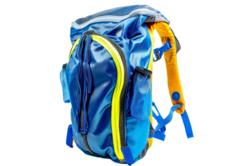 Blue and yellow backpack with multiple compartments and zippers, ideal for travel, school, or outdoor activities.