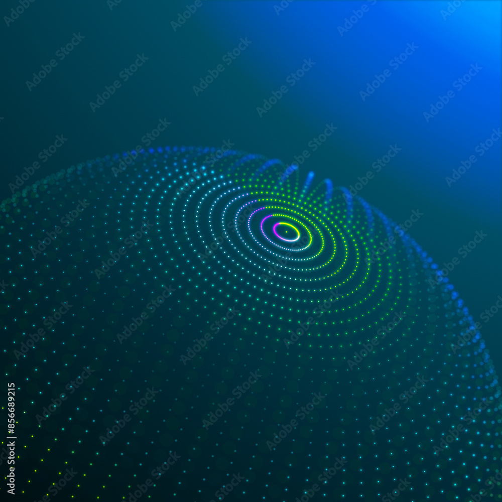 Poster abstract 3d sphere. futuristic dots background. colored music surface. 3d rendering.