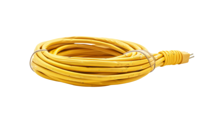 Close-up of a coiled yellow ethernet cable isolated on white background. Perfect for networking and technology related concepts.