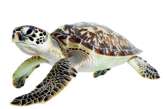 Close-up image of a sea turtle swimming gracefully, showcasing its intricate shell pattern and detailed features.