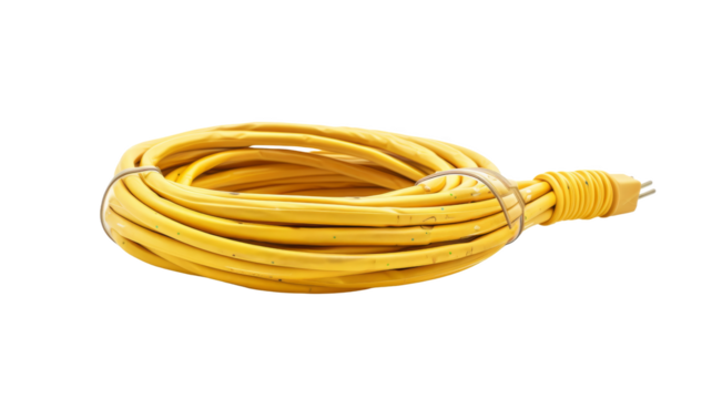 Close-up of a coiled yellow ethernet cable isolated on white background. Perfect for networking and technology related concepts.
