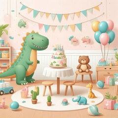 Obraz premium Dinosaur-Themed Kids' Birthday Room Design: A Prehistoric Adventure