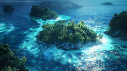 Tropical Island, Nature landscape, crystal blue sea, lush jungle, 300 DPI