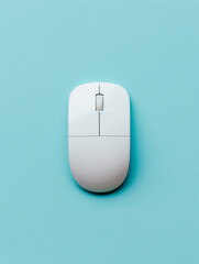 Wired mouse on light blue background, top view.