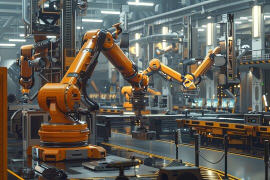 An image depicting an advanced manufacturing facility featuring robotic arms, automated systems, and AI control for optimized production. Generative AI