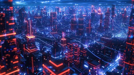 Cyberpunk Cityscape: Neon Lights and Interconnectedness