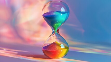 Colorful hourglass with vibrant sand against a rainbow gradient background, symbolizing time and creativity.