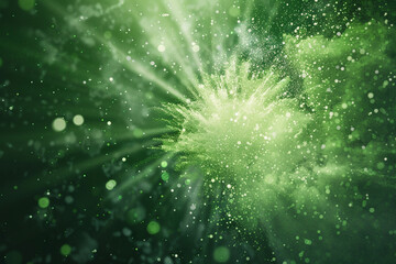 Green dust particles explosion, Light ray beam effect..