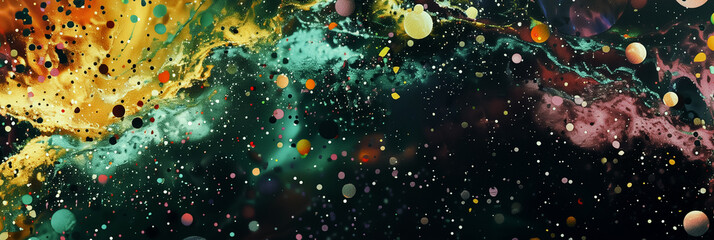 Abstract space with scattered images of bright elements. Cosmic background showing colorful nebulae and star clusters