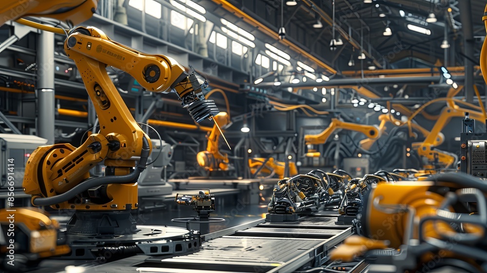Poster An image of a modern manufacturing plant showcasing automated production processes with robotic arms and AI-controlled systems. Generative AI