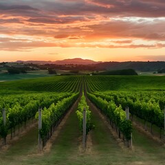 Fototapeta premium vineyard in autumn, vineyard in the morning, vineyard at sunset, vineyard in the morning, plant, valley, winery, france, grass, meadow, blue, road, sunset, land, farmland, farming, crop, horizon