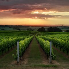 Fototapeta premium vineyard in autumn, vineyard in the morning, vineyard at sunset, vineyard in the morning, plant, valley, winery, france, grass, meadow, blue, road, sunset, land, farmland, farming, crop, horizon