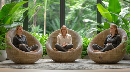 Three Women Sitting in Wicker Chairs, Meditating in a Tropical Environment, Meditating in a Tropical E