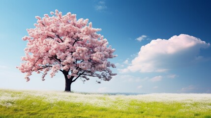 Naklejka premium Beautiful nature with a single tree. Flowering tree with pink flowers. Green meadow in spring landscape with a solitary tree. Blue sky with green grass. Blooming cherry tree.