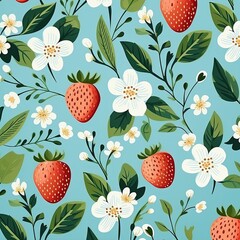 Seamless strawberry and leaf pattern, simple shapes