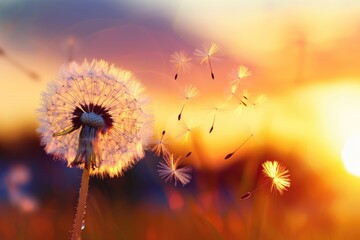 Wind. Blowing Dandelion Seeds Across Summer Field, Symbolizing Change and Growth