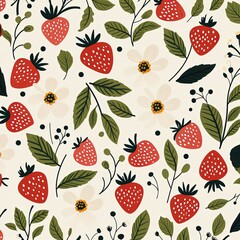Seamless strawberry and leaf pattern, simple shapes