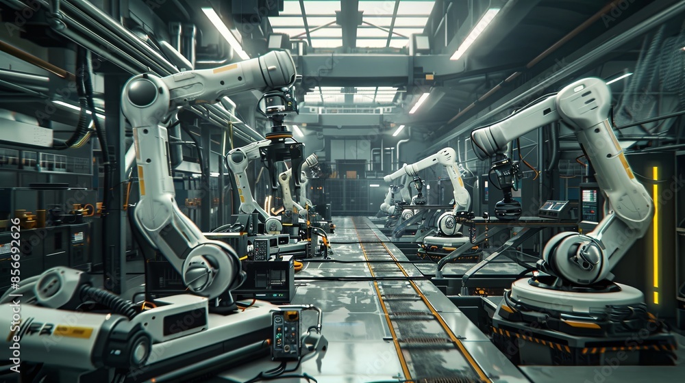 Poster a clean and efficient high-tech manufacturing plant featuring robotic arms and automated systems con