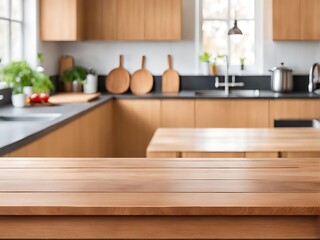 Fototapeta premium Wooden table on blurred kitchen bench background Empty wooden table and blurred kitchen background