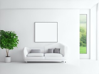 White emptily room with an empty photo frame hanging on the wall for mockup. templates with natural green leaves plant twig, sunlight and foliage leaves shadow. 