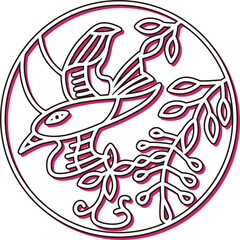 カラーシャドウの円形シンプル花札　卯月　藤　不如帰　4月　藤に不如帰