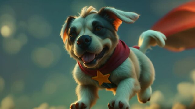 Superman dog, funny pet with red hero cape. Animation loops