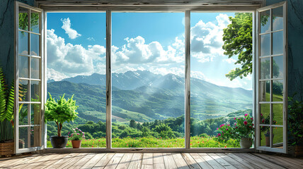 Fototapeta premium Interior of a room with a panoramic window and mountain views. Generated by artificial intelligence