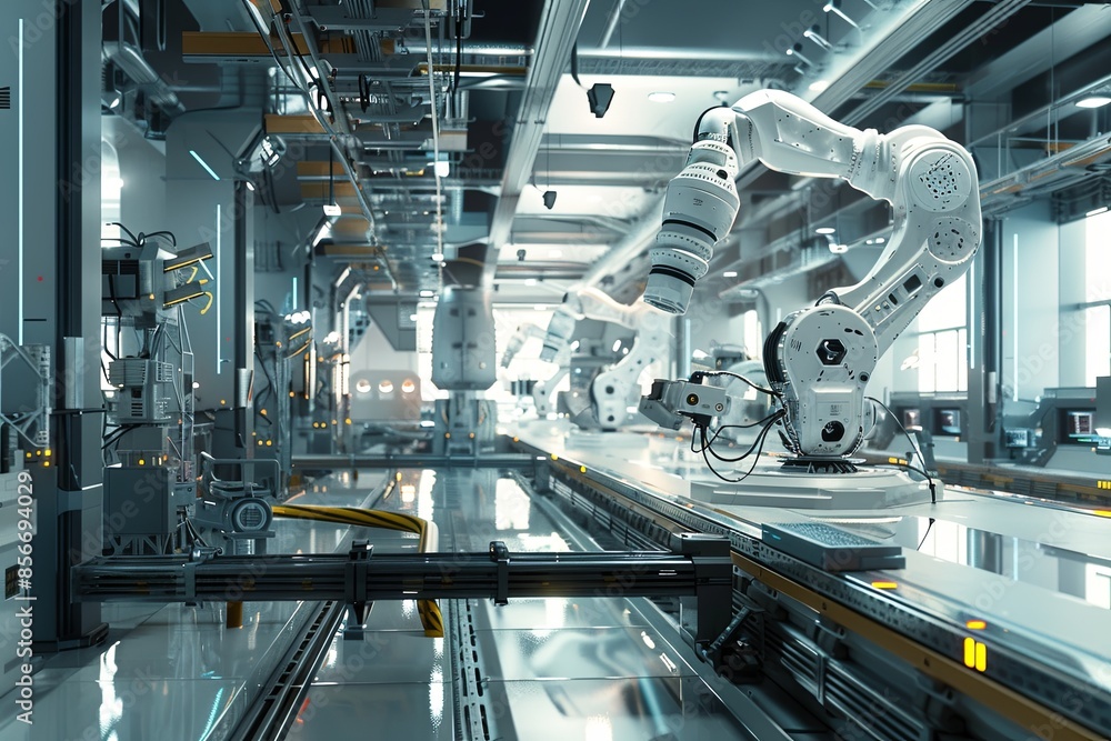 Poster an interior view of a clean and modern automated manufacturing plant featuring robotic arms and adva