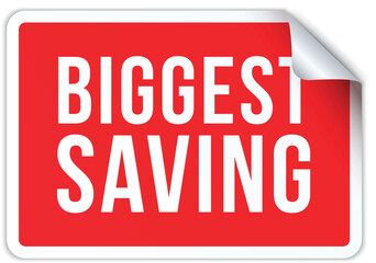 Biggest saving red shopping rectangle peel off sticker design template realistic vector