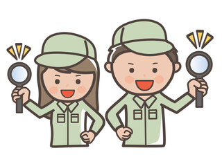 虫眼鏡を持って点検をするイメージの男女作業員（清掃員）のイラスト