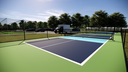 Pickleball or Tennis Courts. Floor is green and blue with white boundary lines