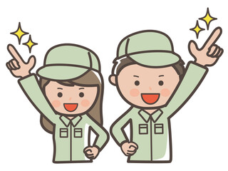 明日への希望_指差しポーズの男女作業員（清掃員）のイラスト